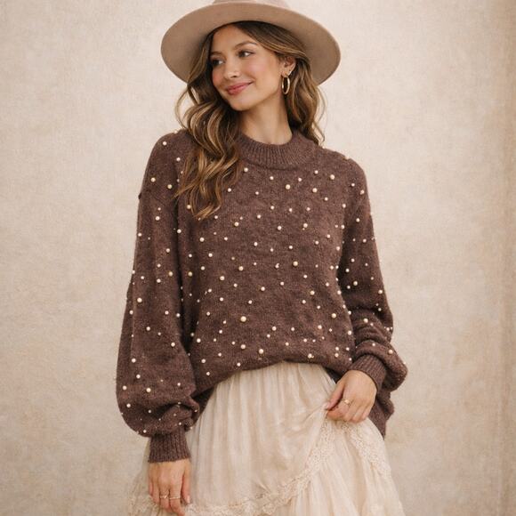 City Chic Sweaters - Warm Brown Sweater with Pearls Size S | City Chic